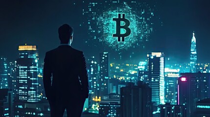 Businessman contemplating Bitcoin's future over a city at night.