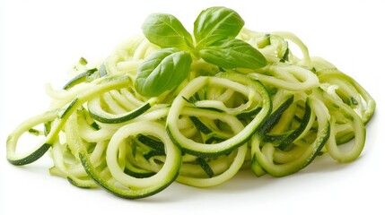 Wall Mural - A pile of zucchini noodles with a sprig of basil on top, isolated on a white background.