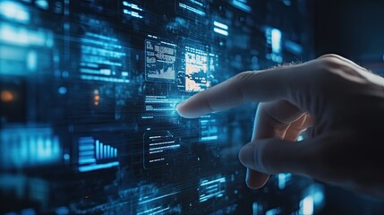 Wall Mural - Hand interacting with futuristic digital interface showing data analytics.