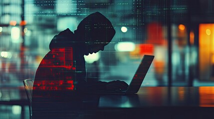 Wall Mural - silhouette of hooded hacker working on laptop at night.