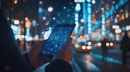 Wall Mural - person using smartphone at night, network connection displayed.