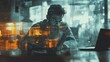 © BloomArt - Focused man working on laptop, digital overlay.
