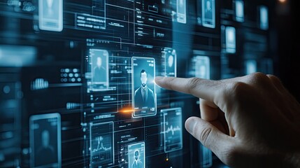 Wall Mural - Hand selecting a digital profile from a futuristic interface.