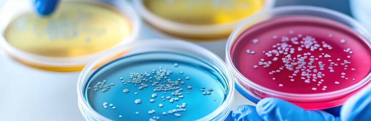 Aufkleber - Petri dishes with colorful agar cultures showcasing microbial growth.