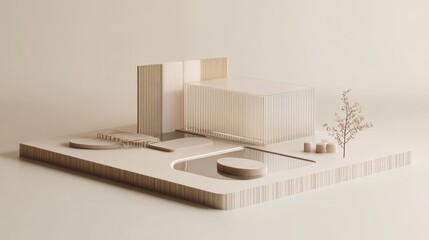 Poster - A minimalist architectural model featuring a building, water features, and landscaping elements.
