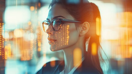 Wall Mural - woman in glasses, city lights double exposure, coding.