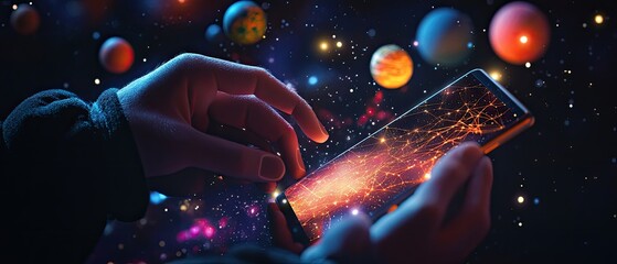 Wall Mural - Hands holding phone displaying cosmic nebula.
