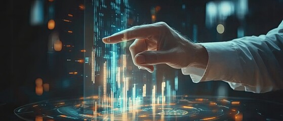 Wall Mural - hand interacting with futuristic holographic interface. (1)