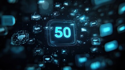 Wall Mural - glowing 50 number surrounded by digital icons.