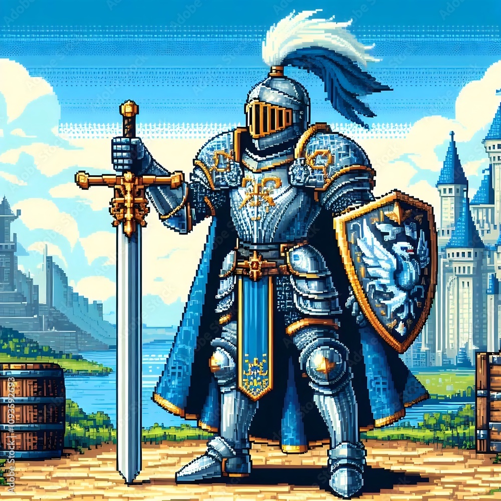 poster of a knight in full armor and carrying a sword with a castle ...