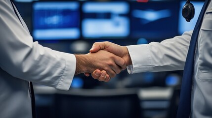 Poster - Two professionals shaking hands in a modern workspace, symbolizing collaboration.