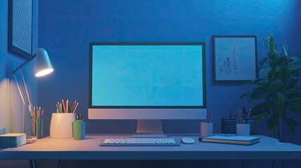 Wall Mural - nighttime home office desk with computer, pencils, and plant.