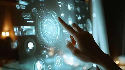 Wall Mural - hand interacting with futuristic holographic interface.