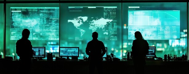 Poster - A group monitors data on large screens in a high-tech control room.