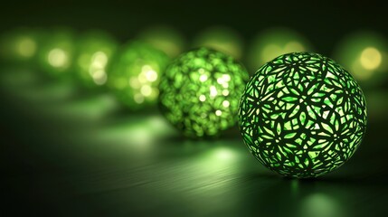 Wall Mural - Vibrant green ornaments with minimalistic patterns, glowing softly in a staggered arrangement