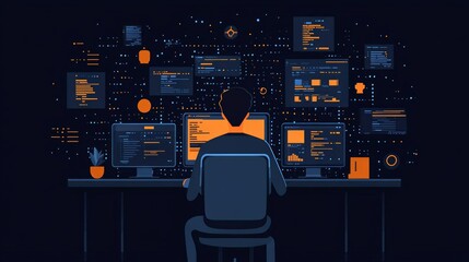 A programmer working on a computer with multiple screens, surrounded by lines of code.
