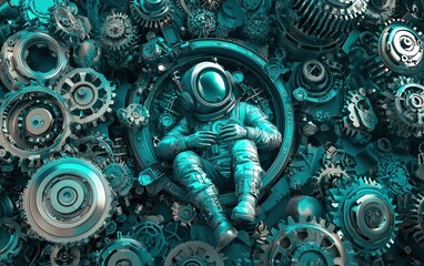 astronaut in a machine, gears and cogs abstract art, technology & future concept, cyborg, ai, scienc