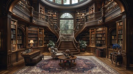 Wall Mural - Elegant library interior showcases grand architecture and cozy reading spaces in a serene setting. Generative AI