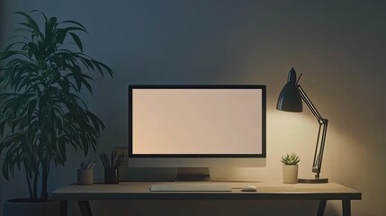 Wall Mural - modern home office workspace at night with blank screen desktop computer, illuminated by desk lamp.