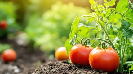 Poster - Ripe tomatoes rest on rich soil beside fresh greens in a sunny garden bed, showcasing bountiful produce ready for harvest. Generative AI