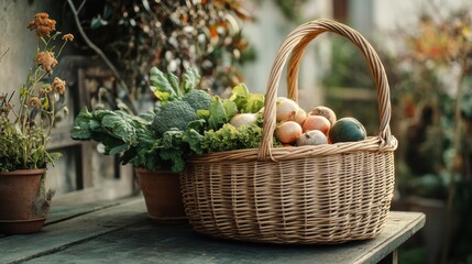 Poster - Wicker basket overflowing with fresh vegetables rests on a rustic table nestled among vibrant plants in soft, natural light. Generative AI
