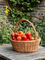 Poster - A wicker basket brimming with ripe vegetables sits on a wooden table amidst a vibrant garden, showcasing the bounty of nature. Generative AI
