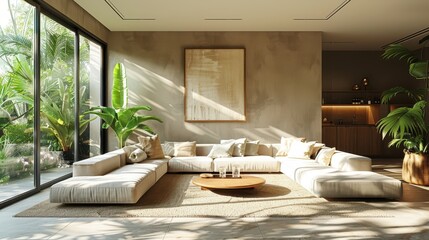 Sticker - Elegant modern living room bathed in sunlight with lush greenery and minimalist decor creates tranquil atmosphere. Generative AI