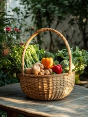 Poster - A wicker basket brimming with fresh vegetables rests on a rustic table, set against a backdrop of vibrant greenery and flowers. Generative AI