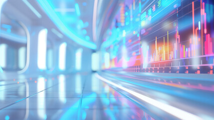 Data trends are showcased through colorful charts against a clean white background, creating a futuristic ambiance. The layout emphasizes clarity and organization