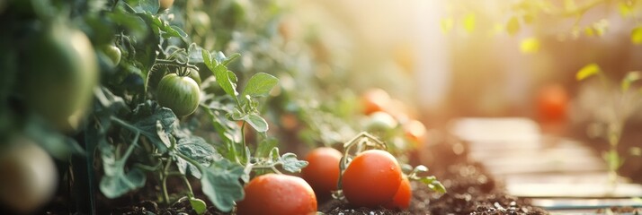 Poster - Ripe tomatoes and vibrant greens thrive in a well-tended garden bed basking in warm summer sunlight, showcasing nature's bounty. Generative AI