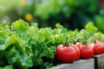 Poster - Bright red tomatoes sit alongside vibrant green lettuce in a flourishing garden bed basking in afternoon sunlight. Generative AI