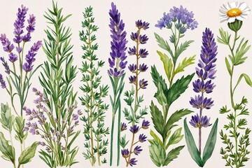 Wall Mural - Elegant Watercolor Herb Border Featuring Lavender Thyme and Chamomile for Invitations and Home Decor