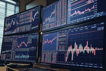 Leinwandbilder - Multiple computer screens display stock market data, charts. Financial info shows trends, analysis. Investor trader likely uses screens. Modern tech for financial management. Data visualization in
