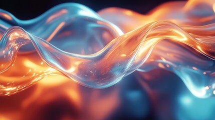 Fototapete - Abstract liquid flow. Dynamic waves of glowing transparent liquid in bright orange, cyan colors. Smooth fluid lines create modern futuristic pattern. Relaxing, hypnotic rhythm. Suitable for