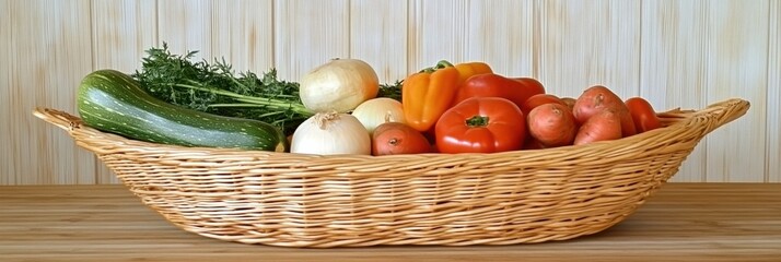 Aufkleber - A wicker basket is filled with assorted fresh vegetables like tomatoes, zucchini, onions, and peppers, perfect for a healthy meal. Generative AI