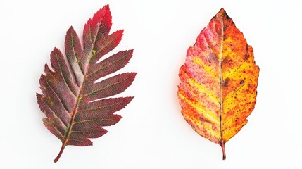 autumn leaves: vibrant red and yellow isolated on white background