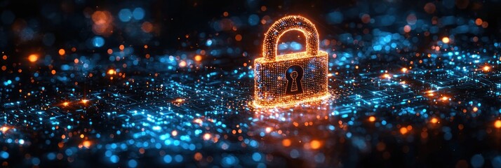 Fototapete - A Glowing Padlock on a Circuit Board Background
