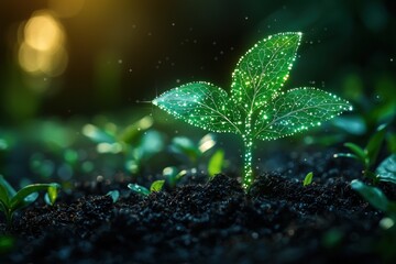 Leinwandbilder - Glowing Green Plant Sprout Emerging from Dark Soil