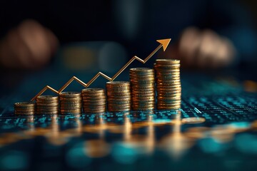 Poster - Golden Coin Stacks Representing Upward Financial Trend