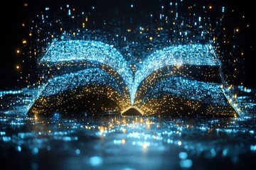 Poster - An Open Book Formed by Glowing Blue and Yellow Particles