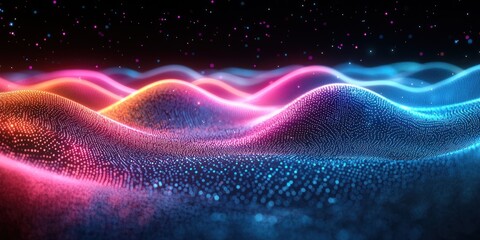 Poster - Abstract Wavy Background with Pink and Blue Glowing Particles