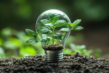 Fototapete - A Green Plant Sprouting Inside a Light Bulb, Resting on Soil