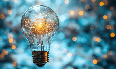 Aufkleber - Glowing Lightbulb with Network of Filaments Against Blue Bokeh Background