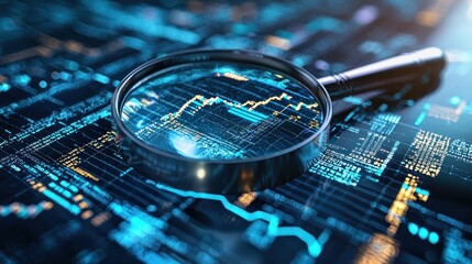 Aufkleber - Magnifying Glass Examining a Glowing Blue and Yellow Digital Graph