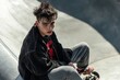 © miss irine - Young man with trendy wolf haircut sits on skateboard at urban skatepark. Fashionable streetwear outfit. Stylish portrait photo. Urban cool look. Skateboarding session. Trendy fashion. Outdoor photo