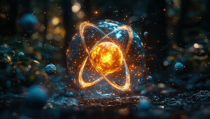 Poster - Glowing Sphere with Orbiting Rings in a Forest Setting