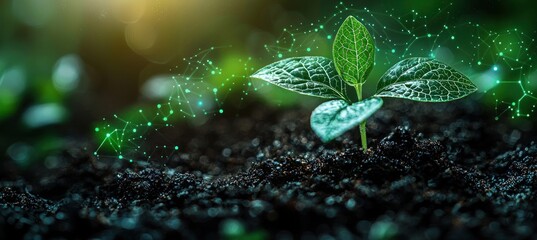 Leinwandbilder - A Single Sprout Emerging from the Dark Soil with a Glowing Network Above