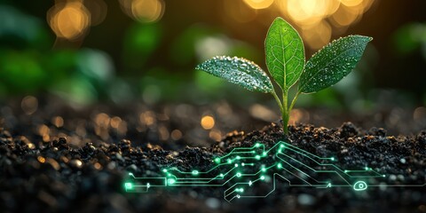 Leinwandbilder - A Small Green Plant Sprouting with Circuitry in the Soil