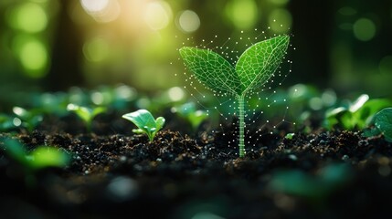 Leinwandbilder - A Young Plant Sprouting with a Digital Network Representation