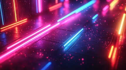 Fototapete - Neon Lights and Glitter on a Dark Floor